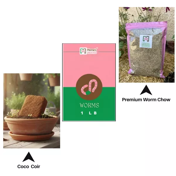 1-lb-worms-coco-coir-worm-chow-combo-sc 1 LB Worms + Coco Coir + Worm Chow Combo - SC