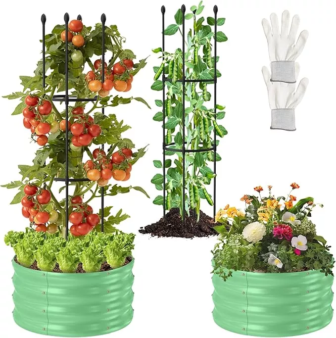 1-pack-raised-garden-beds-outdoor-galvanized-metal-raised-garden-bed-with-trelli 1 Pack Raised Garden Beds Outdoor, Galvanized Metal Raised Garden Bed with Trellis, 23.6x23.6x60in Tomato Cages for Garden Planters Box with Trellis for Climbing Plants Vegetable Vine Flowers