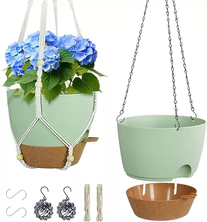 10-inch-self-watering-hanging-planters-indoor-plants-2-pack-hanging-baskets-outd 10 inch Self Watering Hanging Planters for Indoor Plants, 2 Pack Hanging Baskets for Outdoor Plants, Hanging Flower Pots with Drainage Holes & 2 Kinds of Plant Hangers for Home Decor, Green
