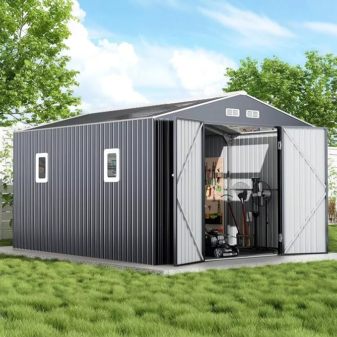 12x10-ft-metal-sheds-outdoor-storage-heavy-duty-garden-sheds-with-dual-transpare 12x10 FT Metal Sheds & Outdoor Storage: Heavy Duty Garden Sheds with Dual Transparent Panels, 2x4-Pane Windows & Hinged Double Doors, Weatherproof Tool Shed for Backyard, Garden, Patio, Grey/White