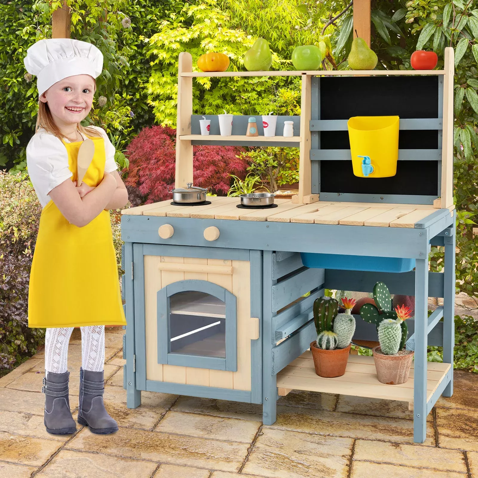 2-in-1-outdoor-mud-kitchen-with-faucet-extra-chalkboard 2-In-1 Outdoor Mud Kitchen with Faucet and Extra Chalkboard