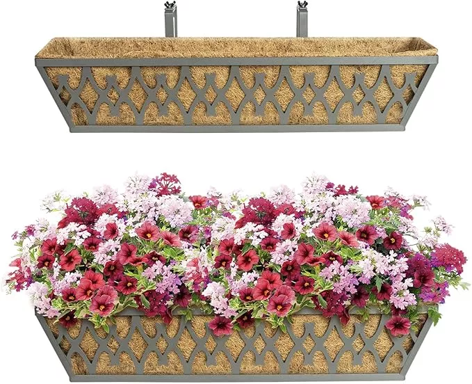 2-pack-24-inch-window-boxes-planters-railing-planter-box-with-adjustable-bracket 2 Pack 24 Inch Window Boxes Planters Railing Planter Box with Adjustable Brackets for Porch Fence Patio Balcony Hanging Flower Baskets with Coco Liners for Outdoor Garden Décor - Black