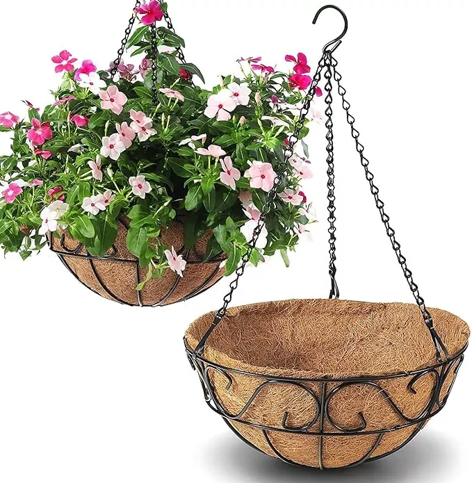 2-pack-metal-hanging-planter-basket-with-coco-coir-liner-chain-round-garden-deco 2 Pack Metal Hanging Planter Basket with Coco Coir Liner Chain Round for Garden Decoration Porch Indoor Outdoor (S Shape)