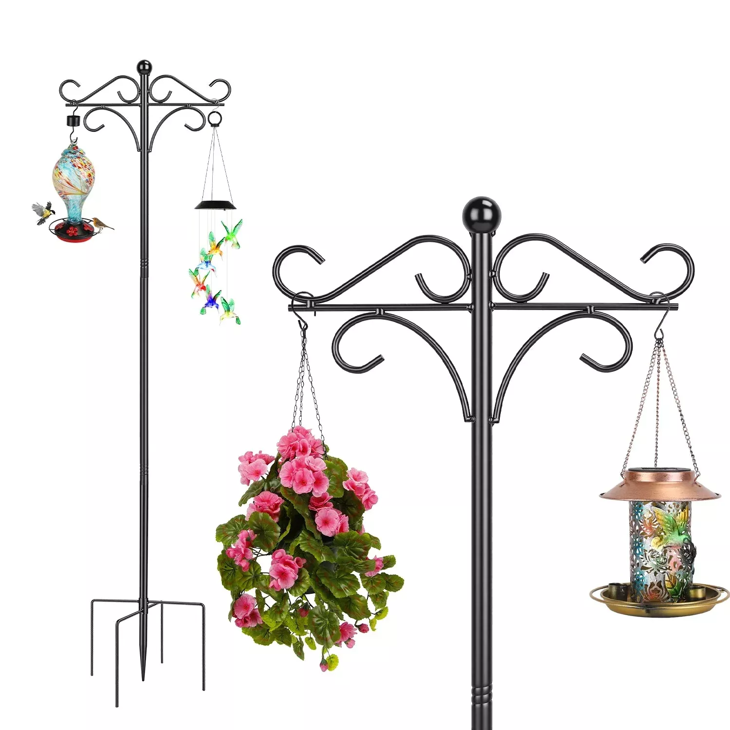2-packs-91in-heavy-duty-double-shepherds-hook-bird-feeder-pole-garden-hanging-ho 2 Packs 91in Heavy Duty Double Shepherds Hook Bird Feeder Pole Garden Hanging Holder with 5 Adjustable Height 5 Prong Base for Bird Feeder Garden Plan