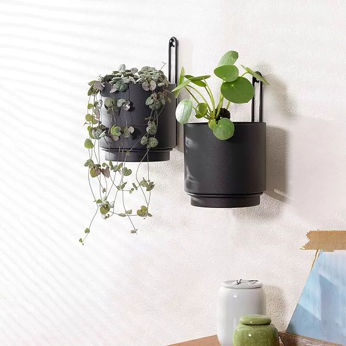 2-pcs-wall-mounted-hanging-planters-indoor-outdoor-plants-wall-hanging-planters- 2 Pcs Wall Mounted Hanging Planters for Indoor and Outdoor Plants Wall Hanging Planters for Indoor Plants Modern Wall and Ceiling Planter Minimalist Flower Pot (Black-1, 5.91 inch)
