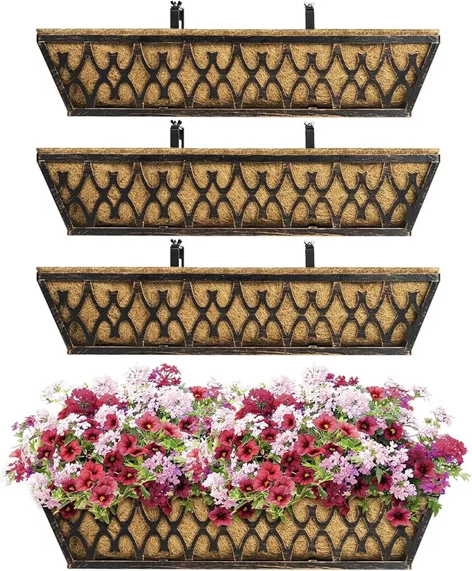 4-pack-24-inch-window-boxes-planters-railing-planter-box-with-adjustable-bracket 4 Pack 24 Inch Window Boxes Planters Railing Planter Box with Adjustable Brackets for Porch Fence Patio Balcony Hanging Flower Baskets with Coco Liners for Outdoor Garden Decor - Grey