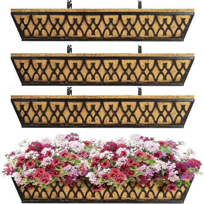 4-pack-30-inch-window-boxes-planters-railing-planter-box-with-adjustable-bracket 4 Pack 30 Inch Window Boxes Planters Railing Planter Box with Adjustable Brackets for Porch Fence Patio Balcony Hanging Flower Baskets with Coco Liners for Outdoor Garden Decor - Black