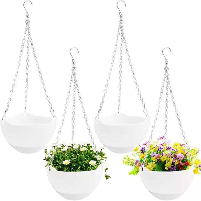 4-pcs-8-inch-hanging-planter-pots-self-watering-round-hanging-basket-with-water- 4 Pcs 8 inch Hanging Planter Pots,Self-Watering Round Hanging Basket with Water Tray and Metal Chain,Succulent Flower Plant Pot Container for Indoor Outdoor Garden Balcony Wall Decor,White