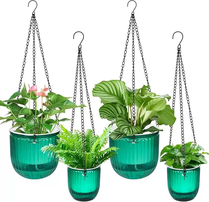 4pcs-self-watering-hanging-planters-6-5-4-5-hanging-flower-pots-plastic-hanging- 4Pcs Self Watering Hanging Planters, 6.5'' 4.5'' Hanging Flower Pots, Plastic Hanging Plant Basket with Drainage Holes, Visible Hanging Planters for Indoor Plants Garden Home(Emerald)