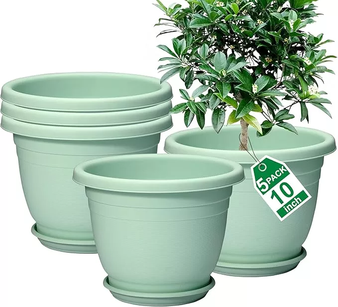 5-packs-10-inch-plant-pots-saucer-planters-indoor-outdoor-plants-with-drainage-h 5 Packs 10 inch Plant Pots + Saucer, Planters for Indoor & Outdoor Plants with Drainage Holes | Plastic Flower Pots, Large Planter (Black, 10 inch)