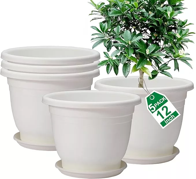 5-packs-12-inch-flower-pots-saucer-planters-indoor-outdoor-plants-with-drainage- 5 Packs 12 inch Flower Pots + Saucer, Planters for Indoor & Outdoor Plants with Drainage Holes | Plastic Flower Pots, Large Planter (White, 12 inch)