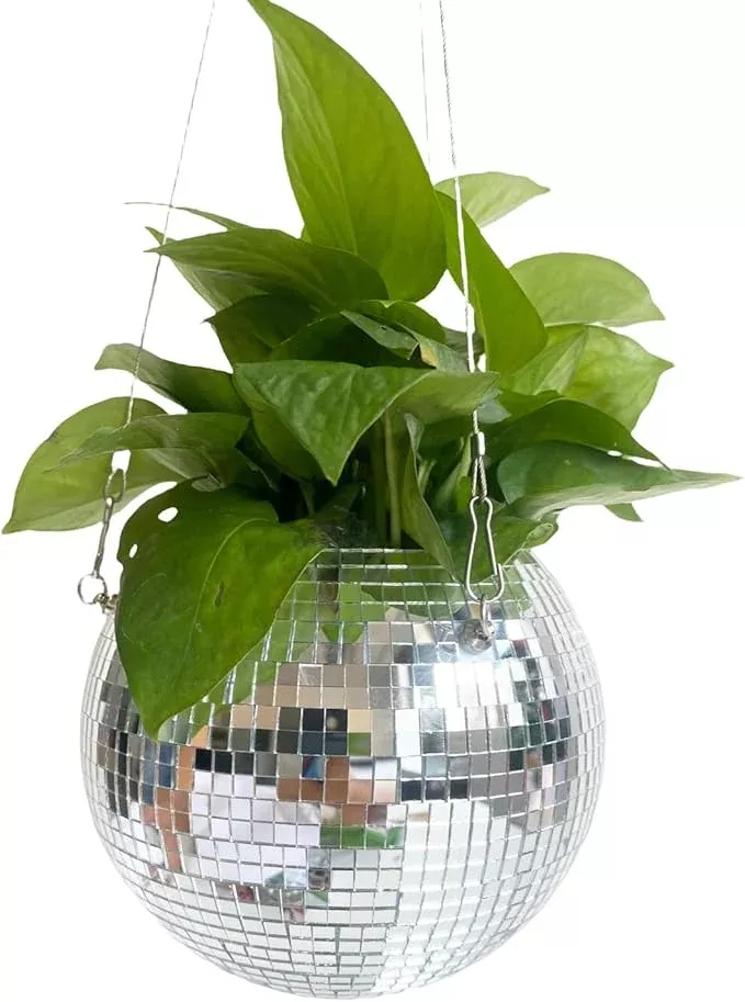 6inch-disco-ball-hanging-plant-pots-plant-disco-ball-silver-mirror-disco-planter 6inch Disco Ball Hanging Plant Pots,Plant Disco Ball Silver Mirror Disco Planter with Chain Hook for Indoor Outdoor Decor and Wooden Stand for Desk,Self Watering Insert Pots, Boho Disco Ball Planter