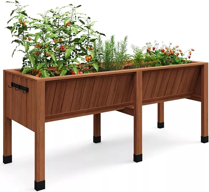 72x26x31-inch-raised-garden-bed-with-legs-13-7in-depth-wooden-planter-box-outdoo 72x26x31 Inch Raised Garden Bed with Legs, 13.7In Depth Wooden Planter Box for Outdoor Growing Vegetables and Herbs, Elevated Garden Bed with Hooks for Backyard, Patio, Balcony