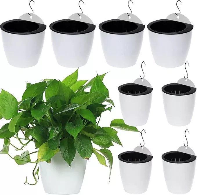 8-packs-5-7-3-plastic-self-watering-pots-wall-hanging-planters-wall-mounted-wick 8 Packs 5" and 7.3" Plastic Self Watering Pots Wall Hanging Planters Wall Mounted Wicking Flower Pots for Indoor and Outdoor African Violet, Ocean Spider Plant, Orchid, White