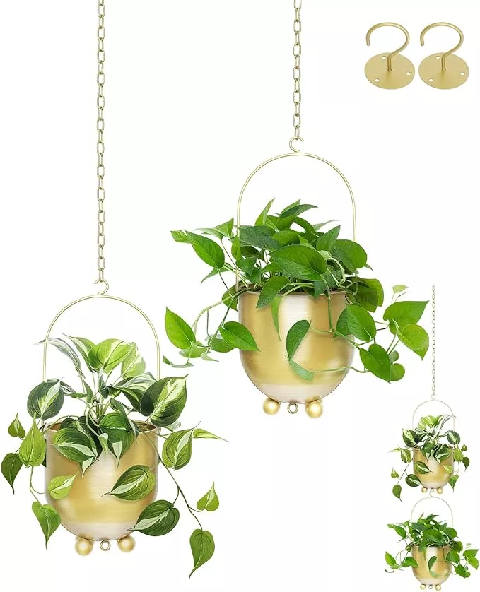 acelist-boho-gold-metal-hanging-planters-set-2-with-hooks-chains-versatile-wall- AceList Boho Gold Metal Hanging Planters, Set of 2 with Hooks & Chains - Versatile Wall & Ceiling Window Hanging Planters for Indoor/Outdoor Décor