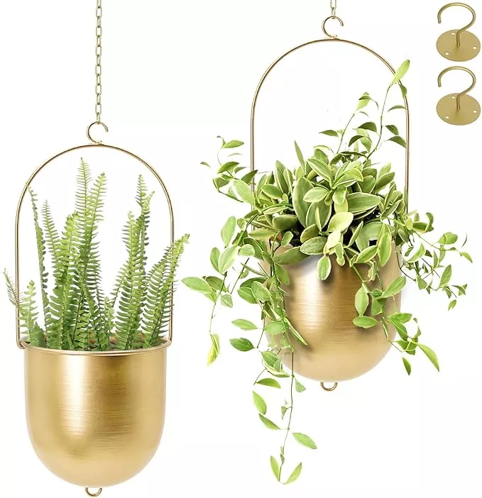 acelist-boho-hanging-planter-set-2-gold-metal-plant-hanger-with-hooks-chains-mod AceList Boho Hanging Planter, Set of 2 Gold Metal Plant Hanger with Hooks and Chains, Modern Wall & Ceiling Planters Outdoor/Indoor Hanging Planter for Window, Porch, Balcony and Home Décor