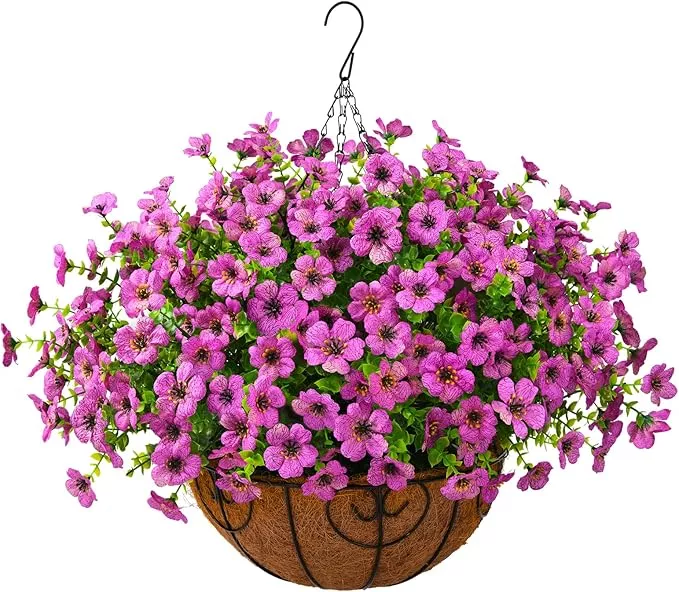 artificial-faux-hanging-plants-flowers-basket-outdoor-porch-garden-spring-decora Artificial Faux Hanging Plants Flowers Basket Outdoor Porch Garden Spring Decoration, Fake Silk Daisy in Planter Realistic UV Resistant for Outside Home Patio Balcony Yard(Red)