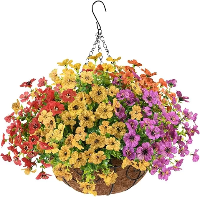 artificial-faux-hanging-plants-flowers-basket-spring-outdoor-decoration-fake-sil Artificial Faux Hanging Plants Flowers Basket for Spring Outdoor Decoration, Fake Silk Daisy in Planter Realistic UV Resistant Look Real for Porch Home Patio Balcony Yard(Purple Yellow)