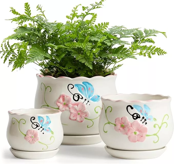 ceramic-plant-pots-with-drainage-holes-saucers-round-flower-pots-indoor-plant-3- Ceramic Plant Pots with Drainage Holes and Saucers, Round Flower Pots for Indoor Plant, 3.9/5.2/6.7 Inches Small Flower Planters Set of 3