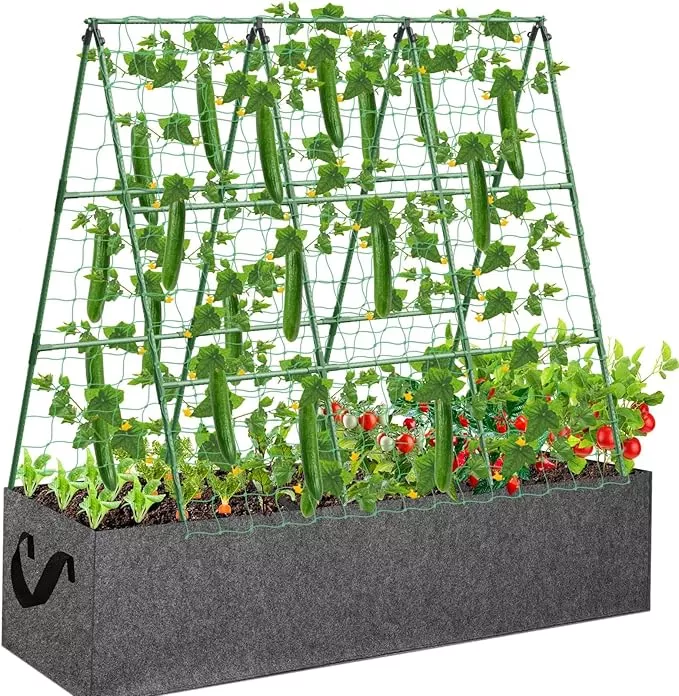 cucumber-trellis-garden-45-x-53-inches-frame-outdoor-greenhouse-trellis-with-46- Cucumber Trellis for Garden, 45 x 53 Inches A Frame Outdoor Greenhouse Trellis with 46 Gallon Fabric Raised Bed, Climbing Net and Plant Support Clips for Climbing Plants