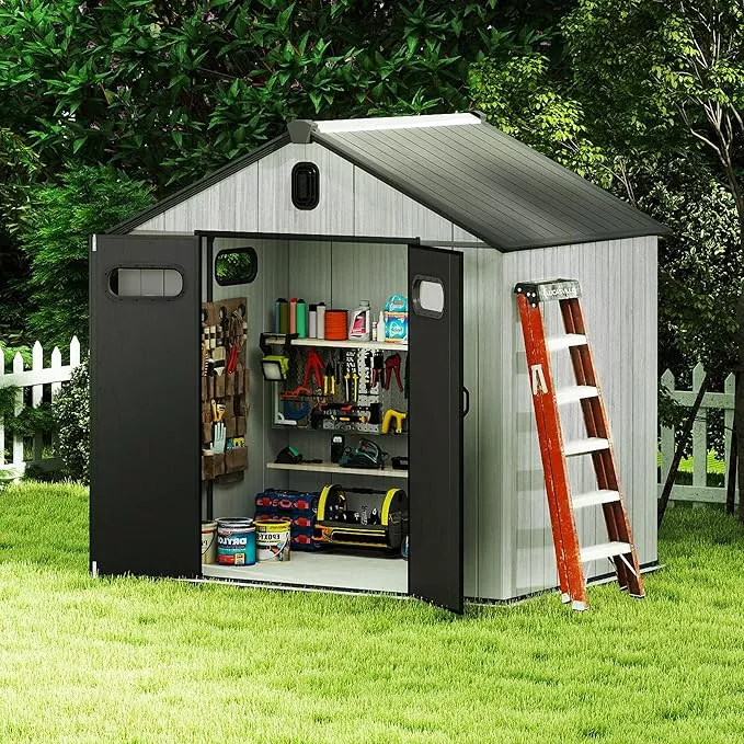 domi-8x6ft-outdoor-resin-storage-shed-with-transparent-windows-louvered-vents-pl Domi 8x6FT Outdoor Resin Storage Shed with Transparent Windows & Louvered Vents, Plastic Tool Shed with Double Lockable Doors & Gable Roof, Outside Garden Shed for Backyard, Patio, Lawn, Grey