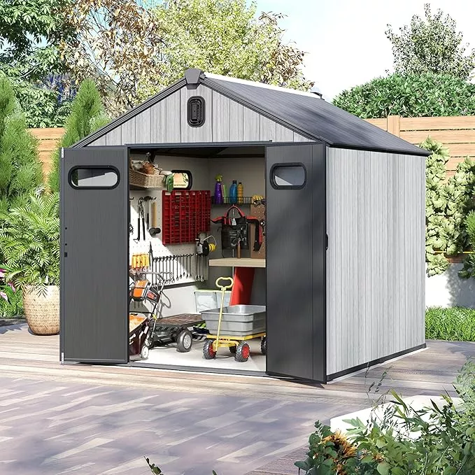 domi-8x8ft-outdoor-resin-storage-shed-with-transparent-windows-louvered-vents-pl Domi 8x8FT Outdoor Resin Storage Shed with Transparent Windows & Louvered Vents, Plastic Tool Shed with Double Lockable Doors & Gable Roof, Outside Garden Shed for Backyard, Patio, Lawn, Grey