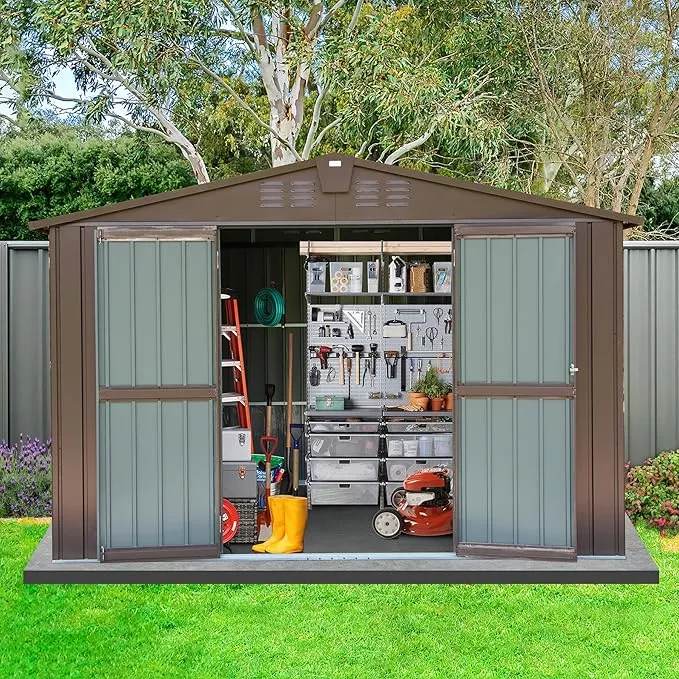 domi-outdoor-10-x-8-storage-shed-metal-steel-utility-tool-shed-storage-house-wit Domi Outdoor 10' x 8' Storage Shed, Metal Steel Utility Tool Shed Storage House with Double Lockable Doors & Air Vents for Backyard Patio Garden Lawn Brown