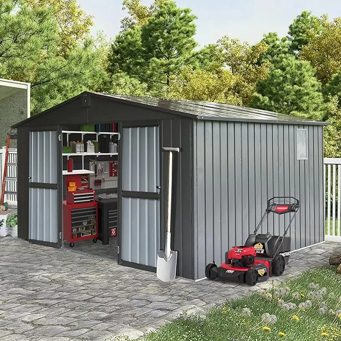 domi-outdoor-storage-shed-11-x-9-metal-steel-utility-tool-shed-storage-house-wit Domi Outdoor Storage Shed 11' x 9', Metal Steel Utility Tool Shed Storage House with Double Lockable Doors & Air Vents for Backyard Patio Garden Lawn Dark Grey