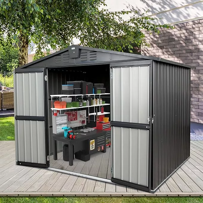 domi-outdoor-storage-shed-8-2-x-6-2-metal-steel-utility-tool-shed-storage-house- Domi Outdoor Storage Shed 8.2' x 6.2', Metal Steel Utility Tool Shed Storage House with Double Lockable Doors & Air Vents for Backyard Patio Garden Lawn Brown