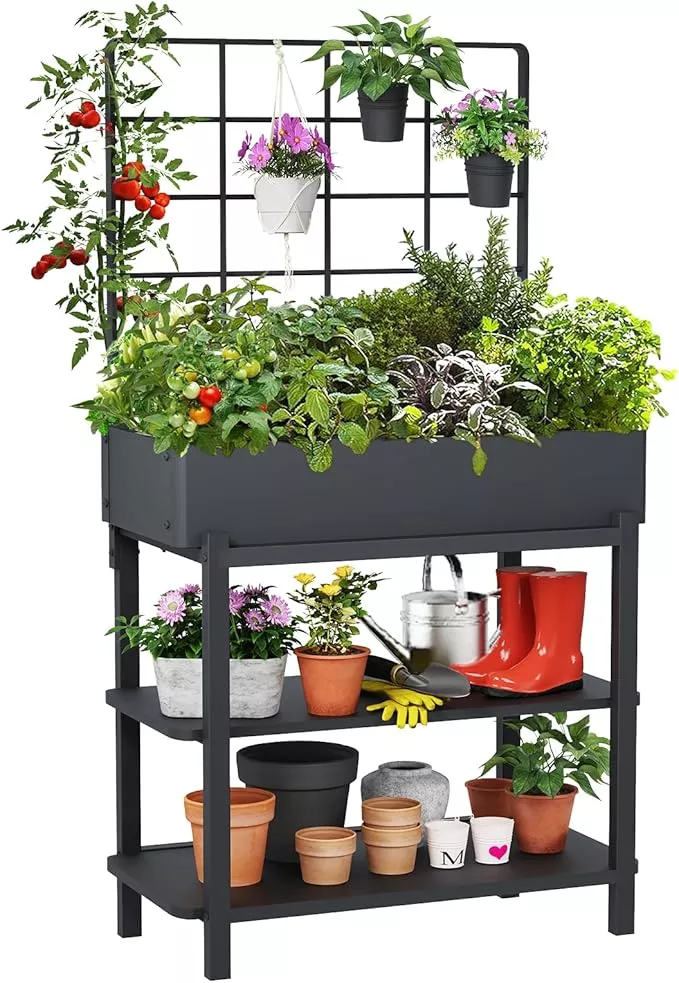 elevated-planter-box-with-trellis-raised-garden-bed-with-legs-outdoor-standing-f Elevated Planter Box with Trellis Raised Garden Bed with Legs Outdoor Standing Flower Beds for Patio Vegetable Herb