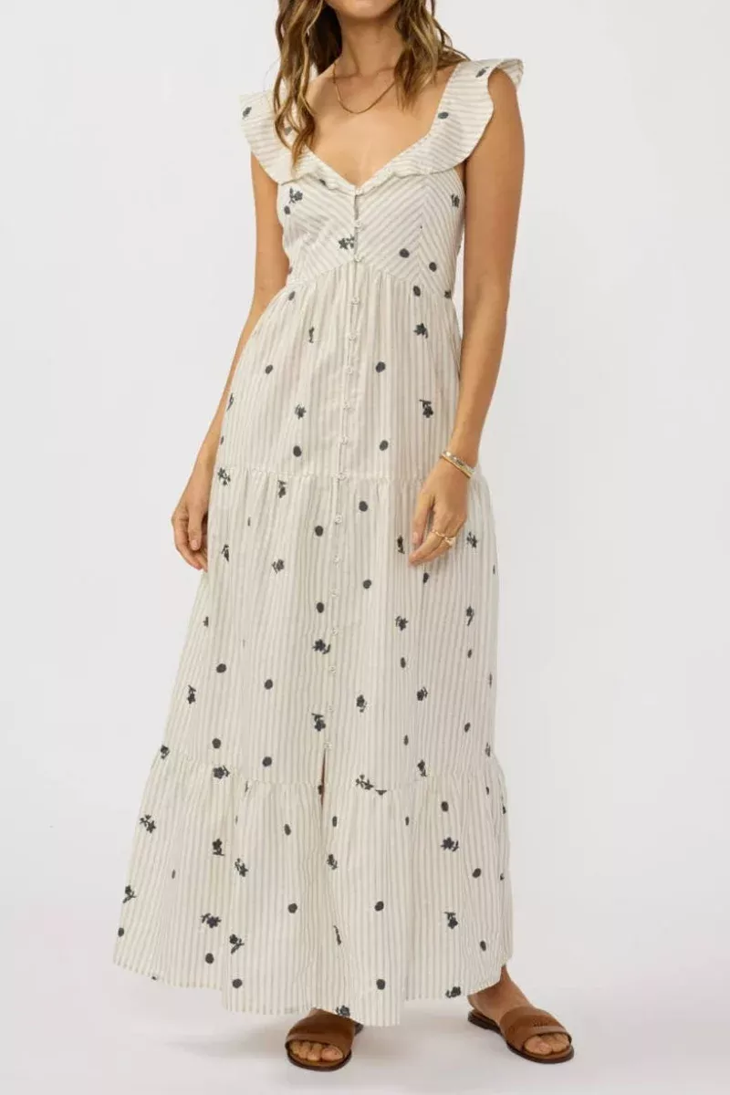 embroidered-stripe-button-down-tiered-maxi-dress-small Embroidered Stripe Button Down Tiered Maxi Dress Small