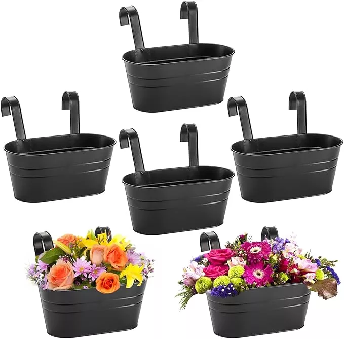 foraineam-6-pack-hanging-flower-pots-metal-iron-hanging-planter-plant-pot-holder Foraineam 6 Pack Hanging Flower Pots, Metal Iron Hanging Planter Plant Pot Holders for Railing Fence Balcony, Black Hanging Bucket Pots Outdoor Porch Decors with Detachable Hooks and Drain Holes