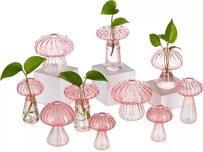 glasseam-mushroom-plant-propagation-stations-pink-glass-terrarium-jar-set-10-cut Glasseam Mushroom Plant Propagation Stations: Pink Glass Terrarium Jar Set of 10 Cute Planters for Indoor Plants Mini Propagate Station Unique Christmas Birthday Gifts for Women Home Office Decor