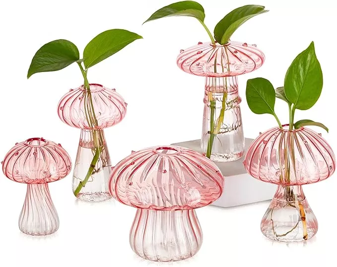 glasseam-mushroom-plant-propagation-stations-pink-glass-terrarium-jar-set-5-cute Glasseam Mushroom Plant Propagation Stations: Pink Glass Terrarium Jar Set of 5 Cute Planters for Indoor Plants Decorative Propagate Vase Unique Gifts for Women Home Office Decor