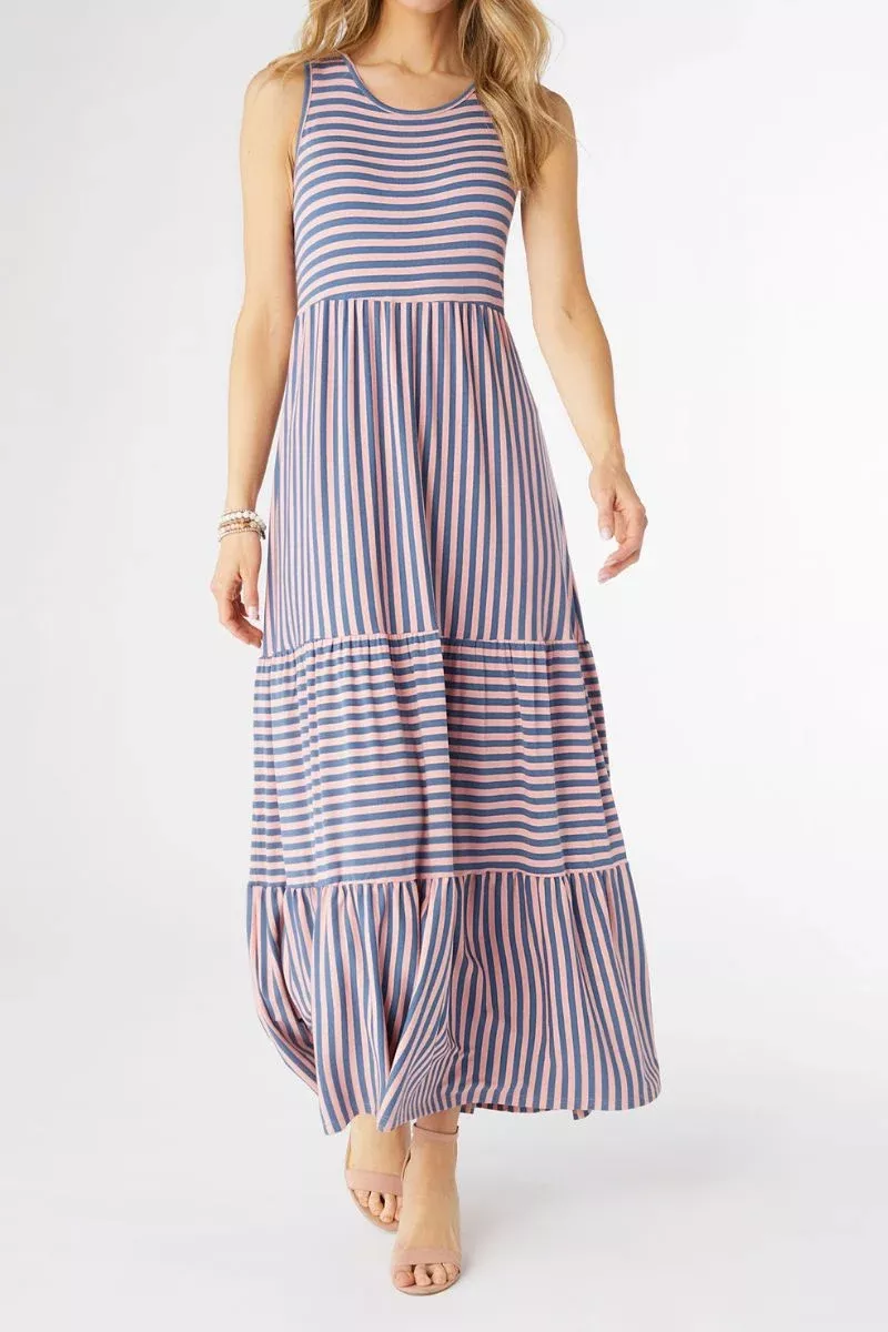 janie-striped-tiered-maxi-dress-small-medium-pink-blue Janie Striped Tiered Maxi Dress Small/Medium Pink/Blue