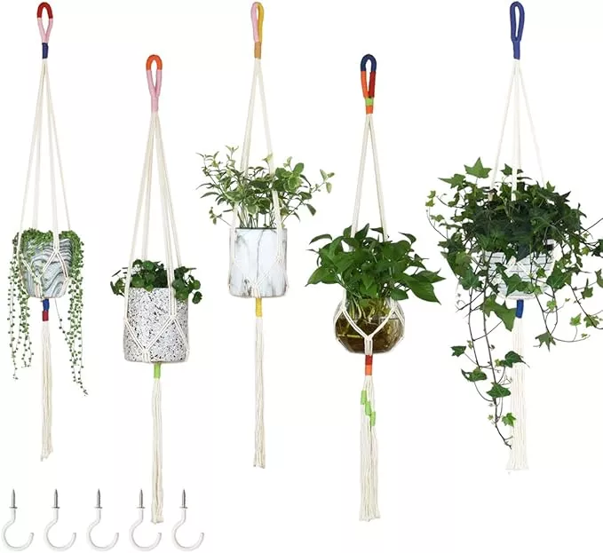 jes-medis-5-pack-color-handmade-cotton-rope-macrame-plant-hanger-indoor-outdoor- JES&MEDIS 5 Pack Color Handmade Cotton Rope Macrame Plant Hanger Indoor Outdoor Flower Pots Or Basket Hanging Planter Holder for Decorations with 5 PCS Hooks