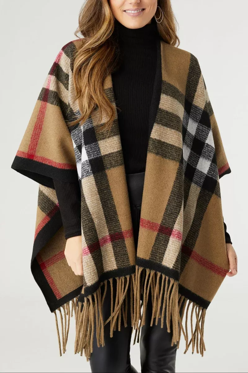 jora-plaid-wrap-with-fringe-taupe Jora Plaid Wrap with Fringe Taupe