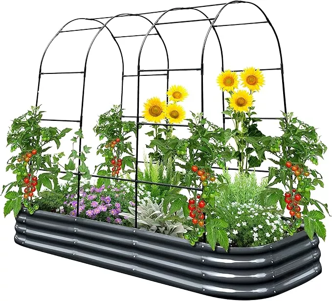king-bird-raised-garden-bed-with-arched-trellis-galvanized-planter-garden-box-ou KING BIRD Raised Garden Bed with Arched Trellis Galvanized Planter Garden Box Outdoor for Gardening, Climbing Vegetables, Flowers 5.9x2.95x0.98 Ft, Dark Grey