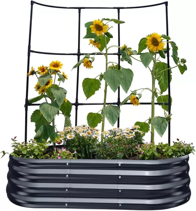 king-bird-raised-garden-bed-with-wall-trellis-galvanized-planter-garden-box-outd KING BIRD Raised Garden Bed with Wall Trellis Galvanized Planter Garden Box Outdoor for Gardening, Climbing Vegetables, Flowers 7.87x3.94x0.98 Ft, Silver