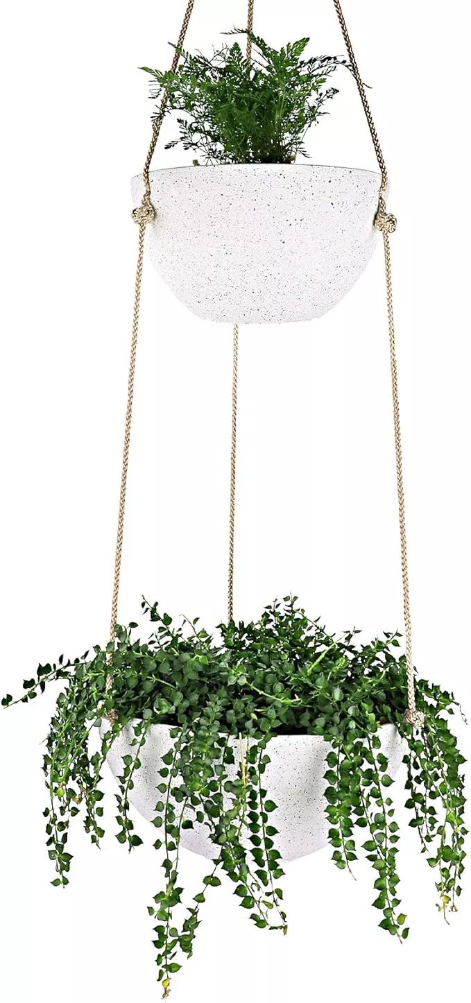 la-jolie-muse-2-tier-hanging-planters-indoor-outdoor-plants-modern-flower-pots-w LA JOLIE MUSE 2 Tier Hanging Planters for Indoor & Outdoor Plants - Modern Flower Pots with Rope, Garden Planters with Drain Holes, Speckled White