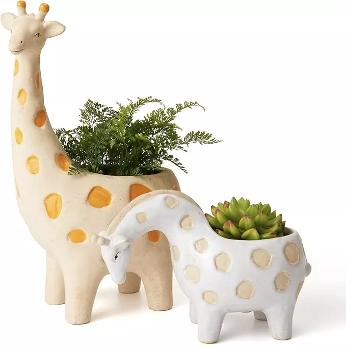 la-jolie-muse-ceramic-giraffe-succulent-planter-animal-plant-pots-11-4-4-9-inch- LA JOLIE MUSE Ceramic Giraffe Succulent Planter Animal Plant Pots - 11.4 + 4.9 Inch Tall Cute Rough Pottery Indoor Flower Pots, Home Decor