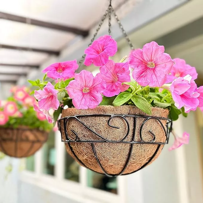 lalagreen-hanging-planter-outdoor-plants-2-pack-14-inch-white-hanging-baskets-wi LaLaGreen Hanging Planter for Outdoor Plants (2 Pack, 14 Inch) White Hanging Baskets with Coco Liner, Metal Wire Flower Basket Pots with Hook Hanger Balcony Porch Farmhouse Country Style Garden Decor