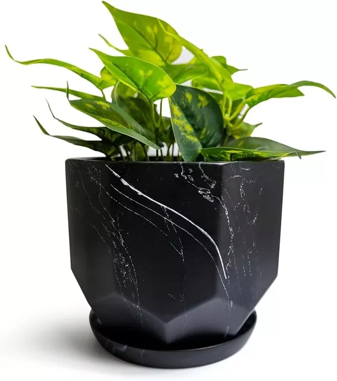 large-marble-black-plant-pot-with-drainage-holes-saucers-ceramic-pots-indoor-out Large Marble Black Plant Pot with Drainage Holes and Saucers, Ceramic Pots for Indoor Outdoor Plants, 7 Inch Premium Hand Glazed Planters for Flower, Garden, Succulent, Nursery, Home Decor