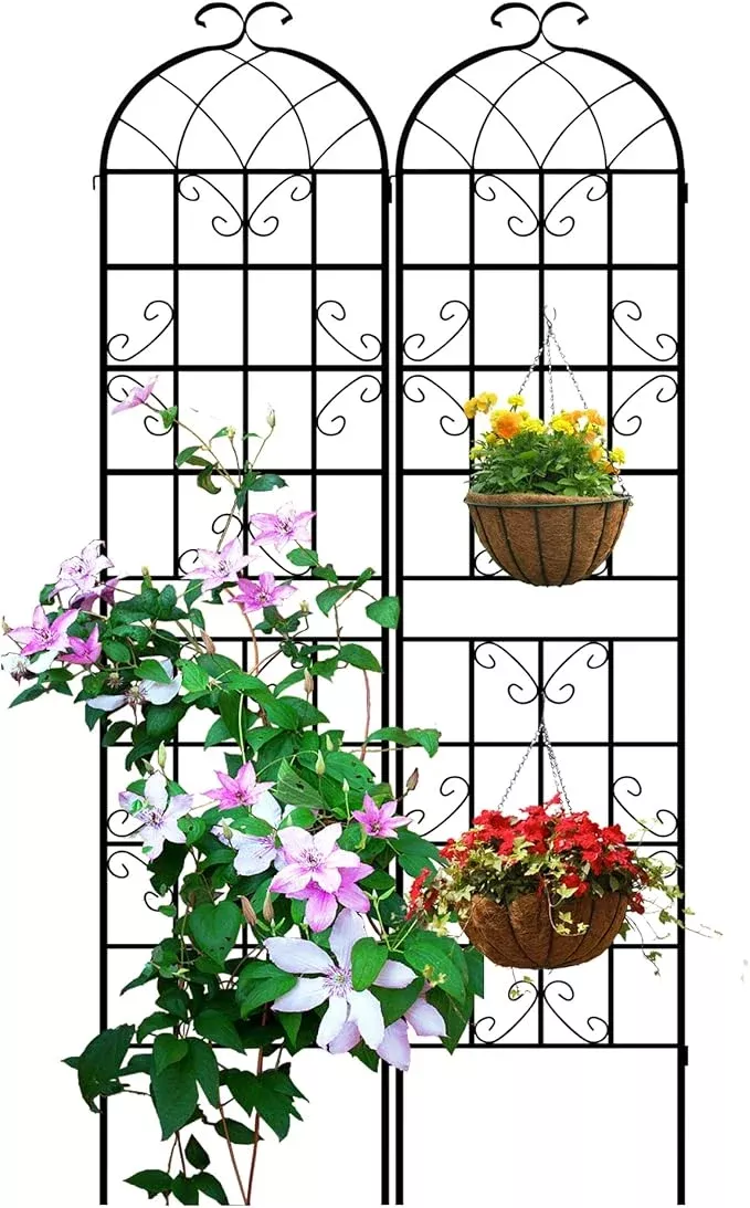 lzrs-2-pack-87x20in-rustic-iron-arch-decoration-garden-trellis-with-black-metal- LZRS 2 Pack 87x20in Rustic Iron Arch Decoration Garden Trellis with Black Metal Coating – Perfect for Supporting Climbing Plants Outdoor, Roses, Vines, Flowers, and Vegetables.