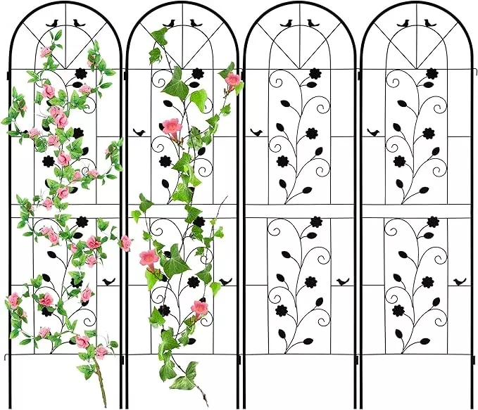 lzrs-4-pack-rustic-iron-arch-decoration-garden-trellis-with-black-metal-coating- LZRS 4 Pack Rustic Iron Arch Decoration Garden Trellis with Black Metal Coating – Perfect for Supporting Climbing Plants Outdoor, Roses, Vines, Flowers, and Vegetables.