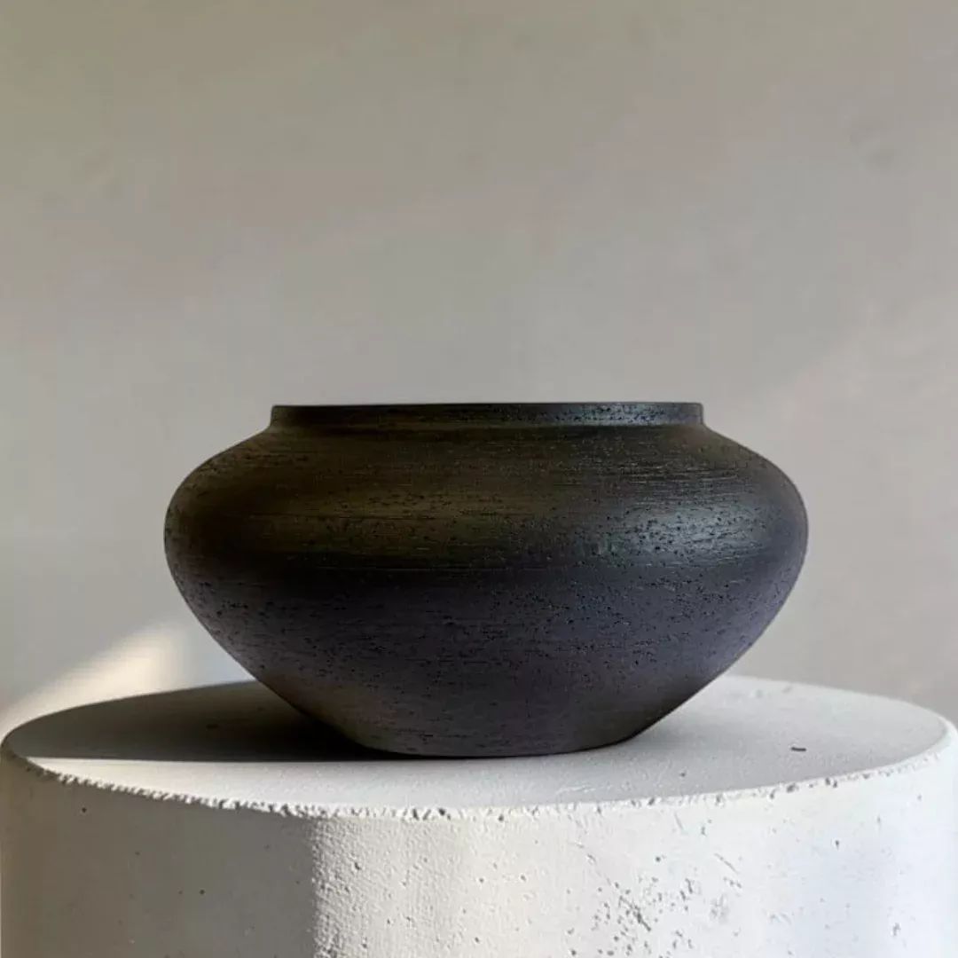 Milan, Terracotta Vessel, Handpainted in Jet Black, 12.5"D x 6.2"H