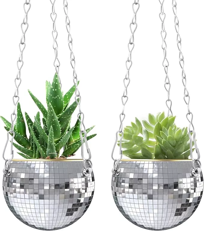 moonoom-2-pcs-hanging-disco-ball-planter-4inch-sliver-disco-mirror-ball-planter- moonoom 2 Pcs Hanging Disco Ball Planter - 4Inch Sliver Disco Mirror Ball Planter with Chain - Home Boho Hanging Planter for Indoor Outdoor Plants