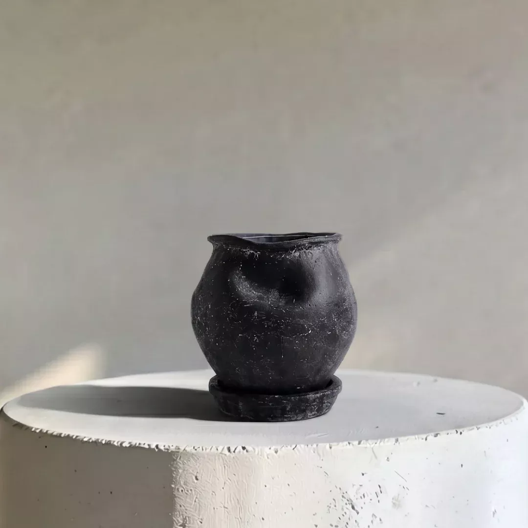 odyssey-planter-with-dish-drainage-hole-cement-pot-in-weathered-black-6-d-x-6-5- Odyssey Planter with Dish and Drainage Hole, Cement Pot in Weathered Black, 6"D x 6.5"H
