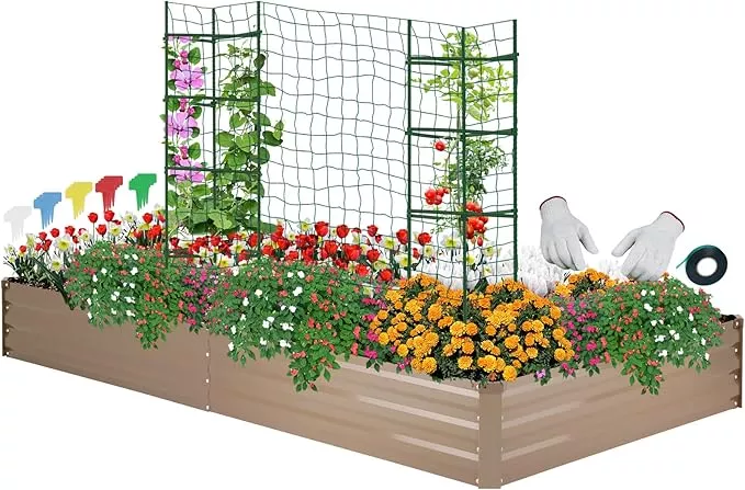 oncemore-galvanized-raised-garden-bed-vegetables-flowers-herbs-metal-raised-gard ONCEMORE Galvanized Raised Garden Bed for Vegetables Flowers Herbs, Metal Raised Garden Bed Kit with 2 PCS Tomato Cage, Gloves, Trellis Netting, Plant Labels, Plant Ties, Black 6×3×1FT