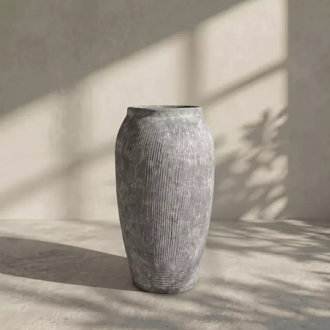 Pompeii Colossus, Fiber Clay Vessel in Aged Gray, Weathered Black or Burnt Sienna, 11"D x 20"H